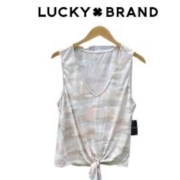 NWT Lucky Brand Peach Tan Camo Tie Front Tank Top V Neck - Picture 3 of 12